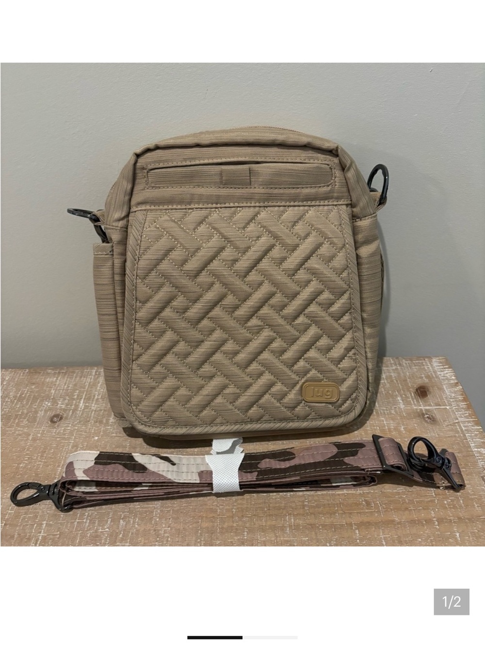 Lug Flapper Beige Quilted Crossbody Bag Zip Closure Detachable Strap Pockets